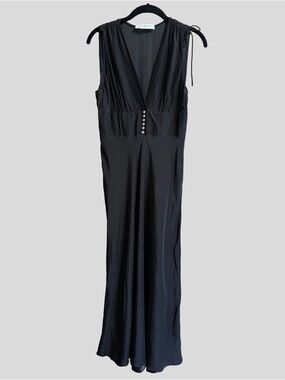 Amanda Uprichard Black Sleeveless V-Neck Silk Maxi Dress with Button Detail